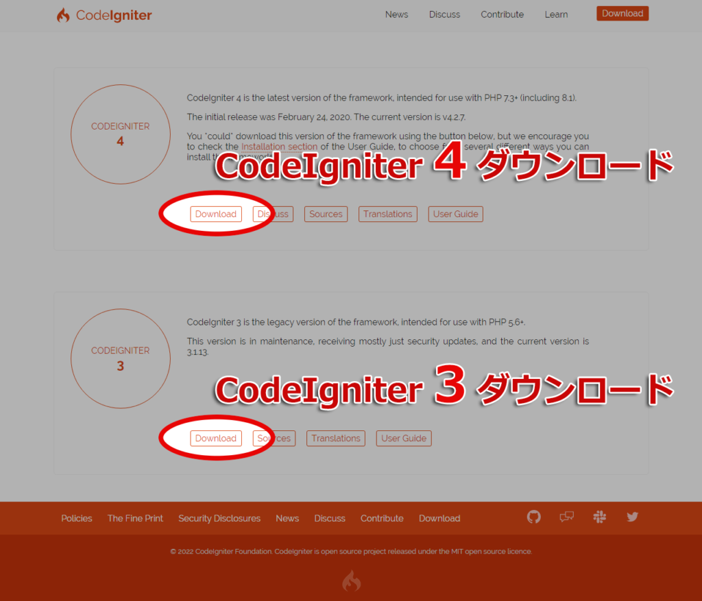 CodeIgniter4または3を公式サイトからダウンロードする